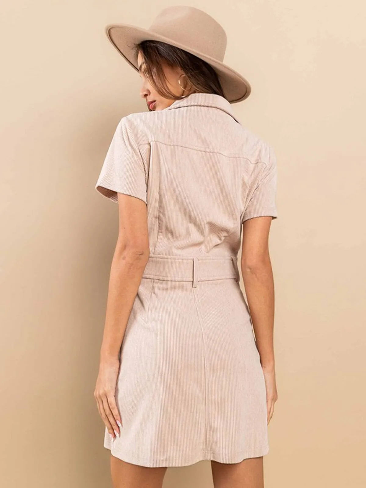 WOMEN'S SHORT SLEEVE ZIP UP POCKETS CORDUROY MINI DRESS