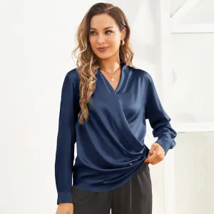 Women's Silk Wrap Tops Long Sleeves Loose Casual Silk Blouse