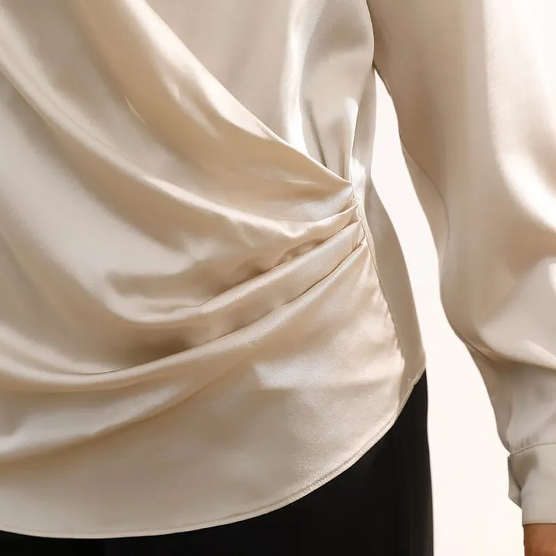 Women's Silk Wrap Tops Long Sleeves Loose Casual Silk Blouse