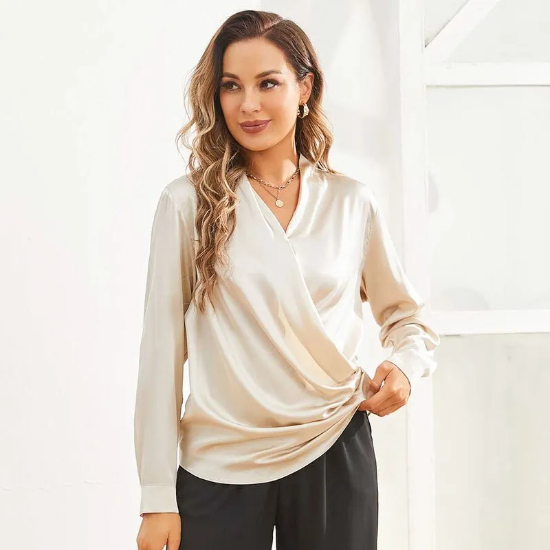 Women's Silk Wrap Tops Long Sleeves Loose Casual Silk Blouse