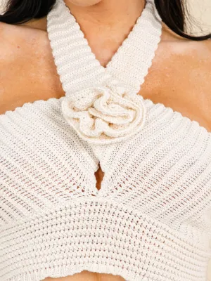 WOMEN'S SLEEVELESS HALTER NECK FLOWER KNIT CAMI TOP