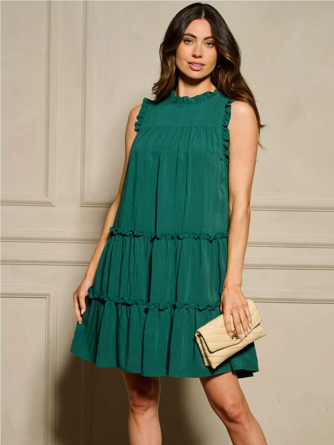 WOMEN'S SLEEVELESS MOCK NECK TIERED TUNIC MINI DRESS