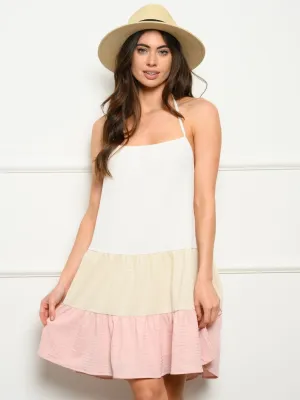 WOMEN'S SLEEVELESS OPEN BACK COLOR BLOCK MINI DRESS