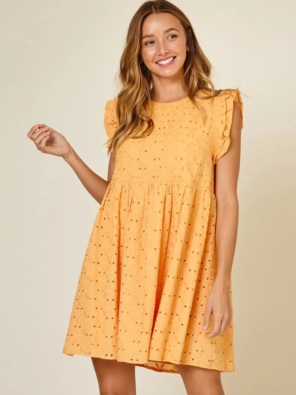 WOMEN'S SLEEVELESS  RUFFLE FLORAL EYELE DETAILED MINI DRESS