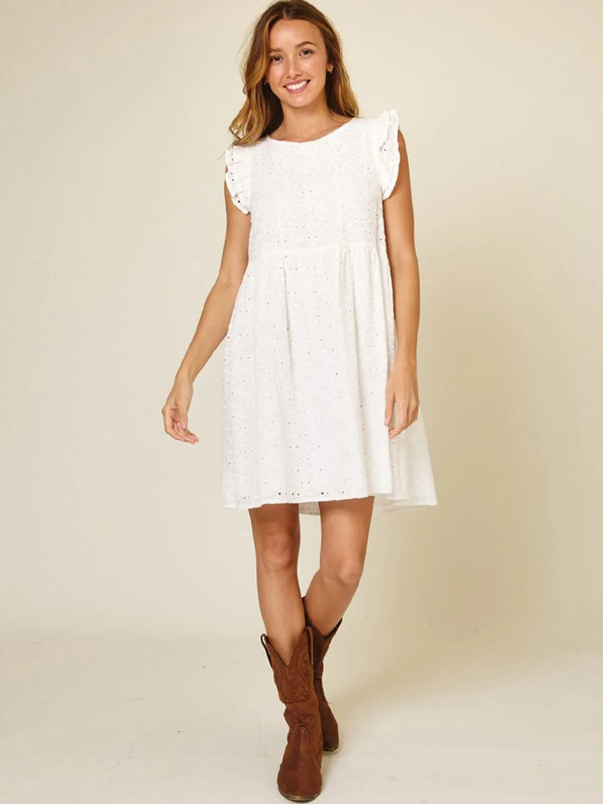WOMEN'S SLEEVELESS  RUFFLE FLORAL EYELE DETAILED MINI DRESS