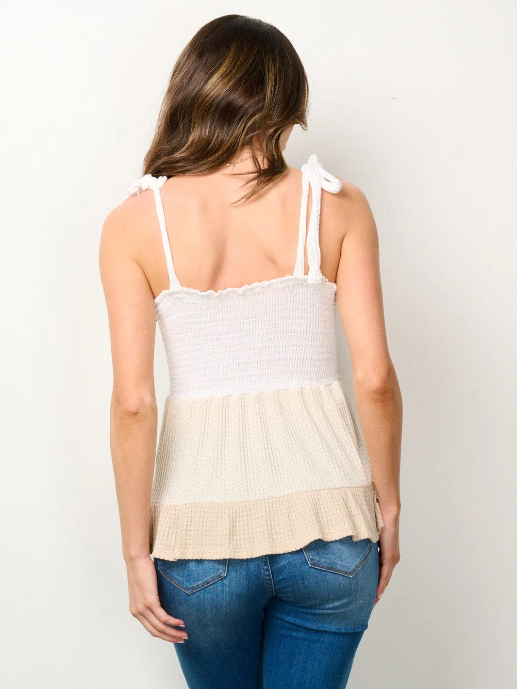 WOMEN'S SLEEVELESS SMOCK RUFFLE TIERED COLORBLOCK TANK TOP