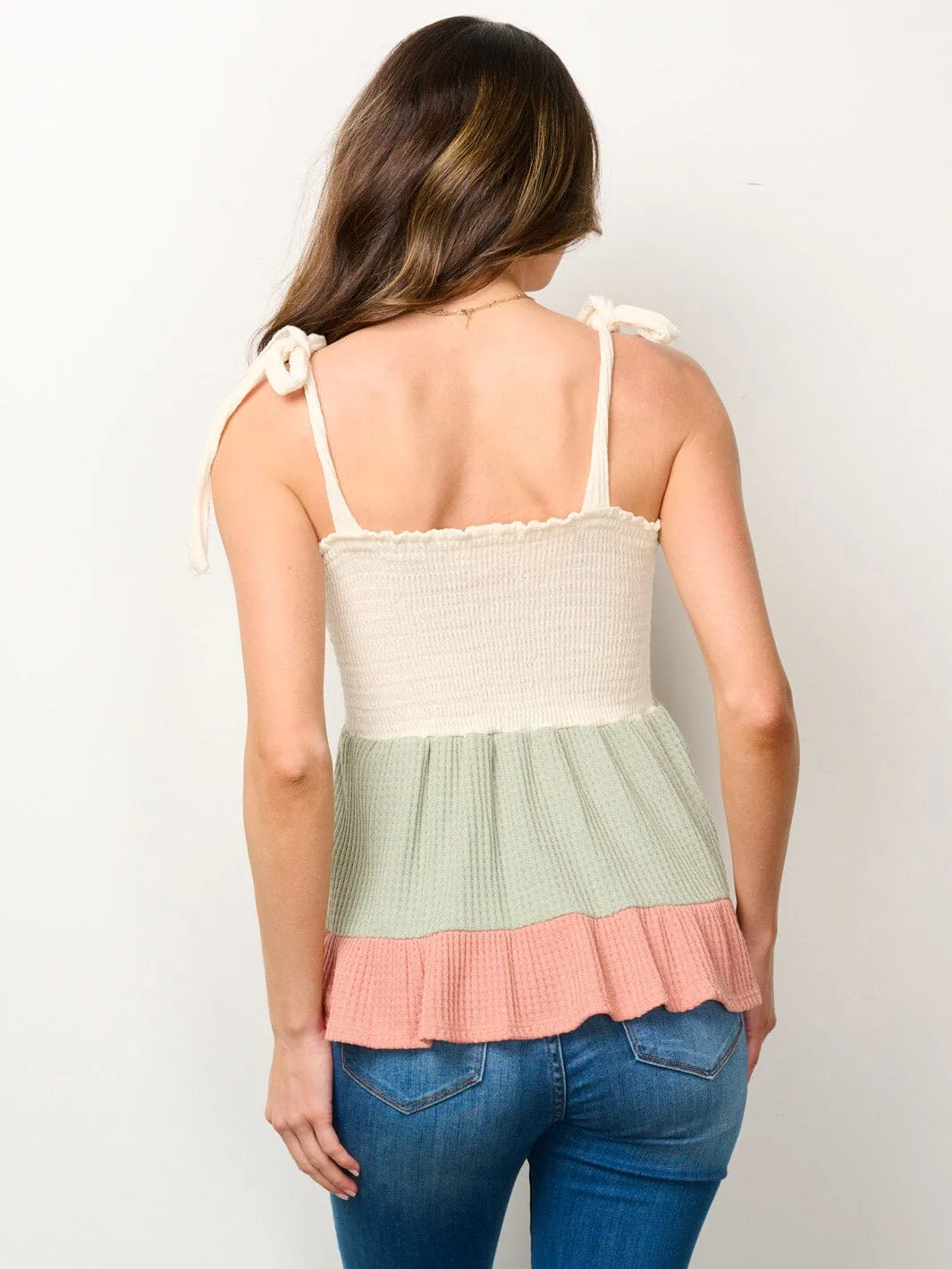 WOMEN'S SLEEVELESS SMOCK RUFFLE TIERED COLORBLOCK TANK TOP