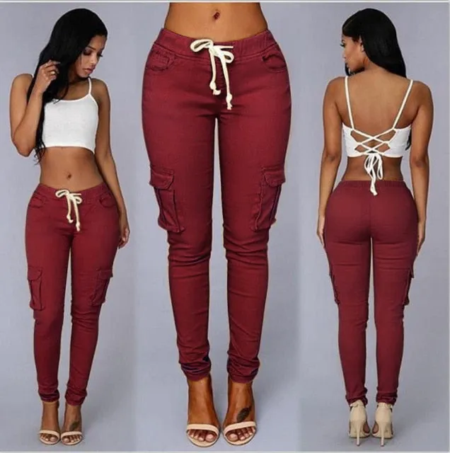 Women's Slim Multi Pocket Drawstring Casual Pants
