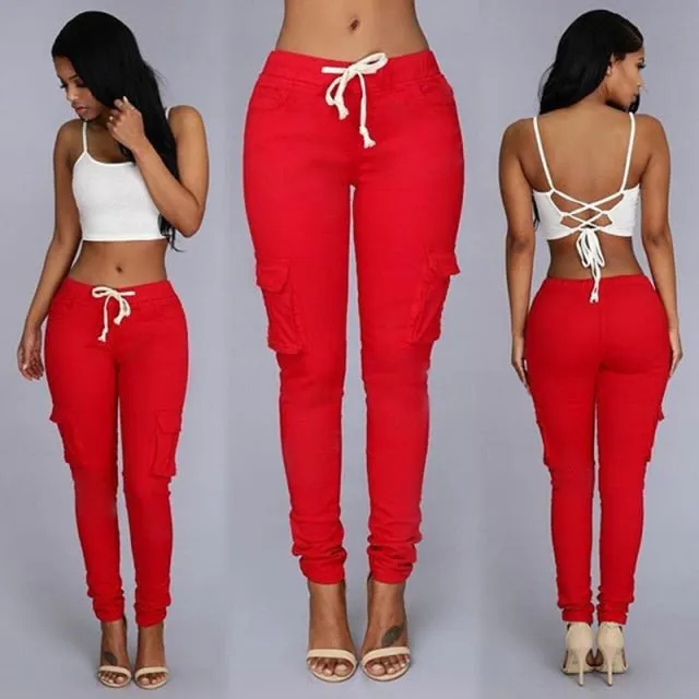 Women's Slim Multi Pocket Drawstring Casual Pants