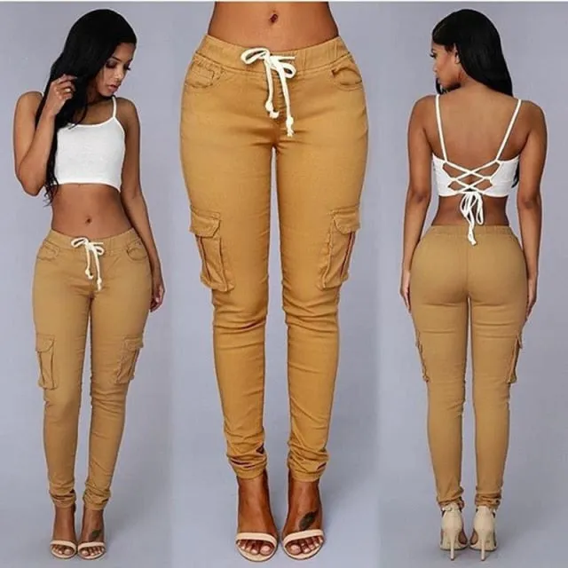 Women's Slim Multi Pocket Drawstring Casual Pants