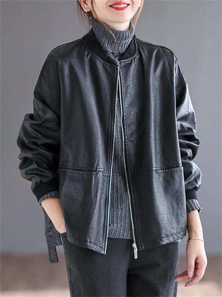 Women's Street Zip Up Oversized PU Leather Motorcycle Jacket