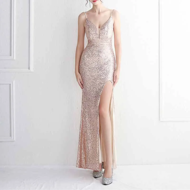 Women's V Neck High Slit Long Maxi Elegant Formal Dresses Evening Gown S-4XL