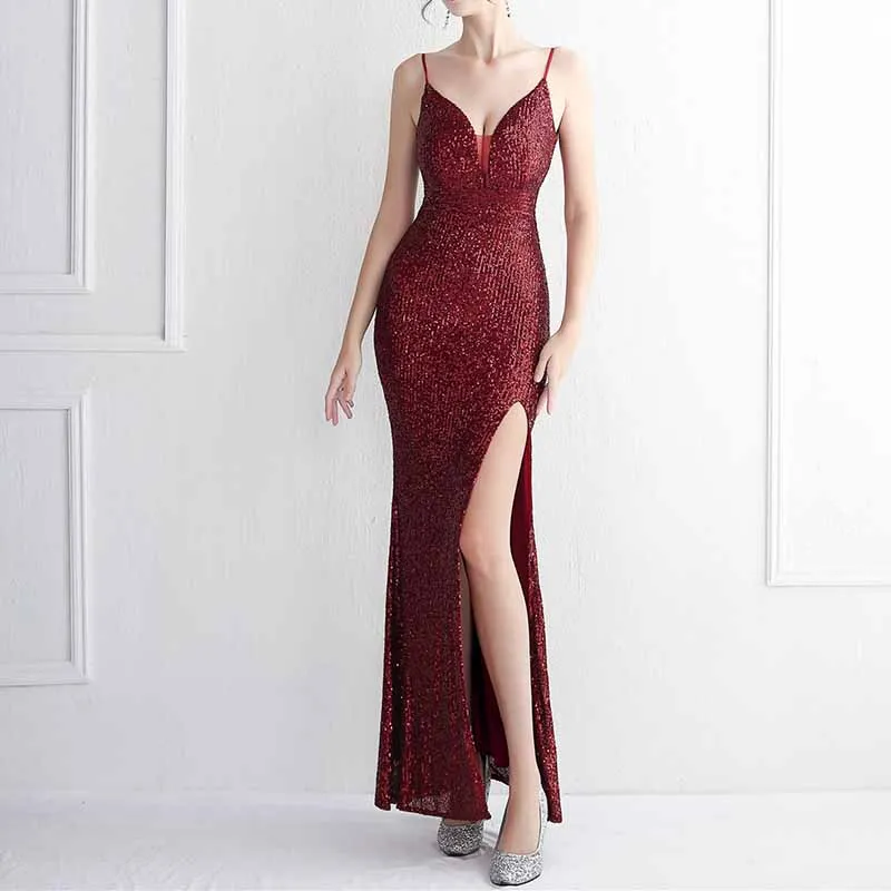Women's V Neck High Slit Long Maxi Elegant Formal Dresses Evening Gown S-4XL
