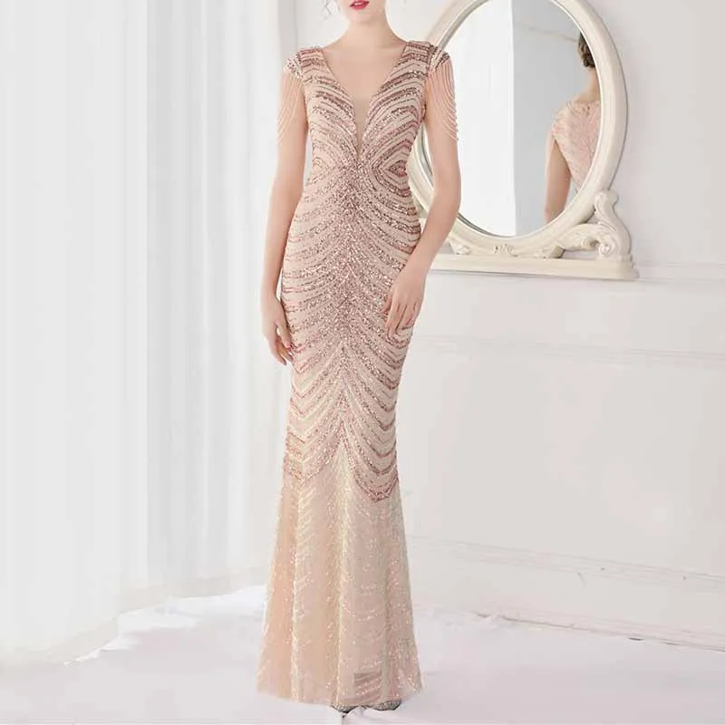 Women's V Neck Sequins Mermaid Gown Long Prom Evening Party Dress S-4XL