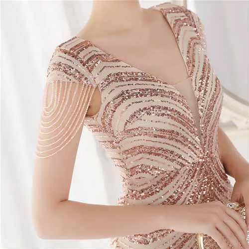 Women's V Neck Sequins Mermaid Gown Long Prom Evening Party Dress S-4XL