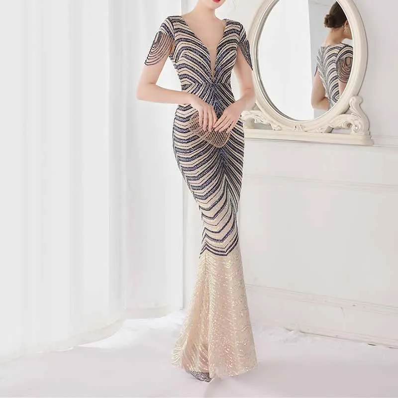 Women's V Neck Sequins Mermaid Gown Long Prom Evening Party Dress S-4XL