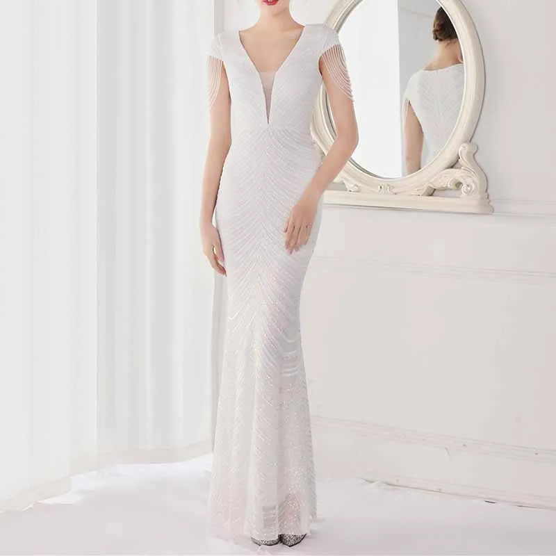 Women's V Neck Sequins Mermaid Gown Long Prom Evening Party Dress S-4XL