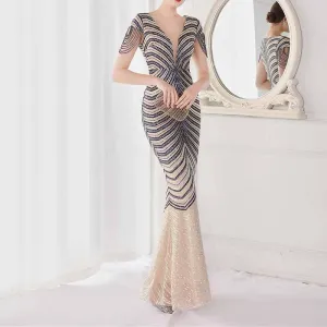 Women's V Neck Sequins Mermaid Gown Long Prom Evening Party Dress S-4XL