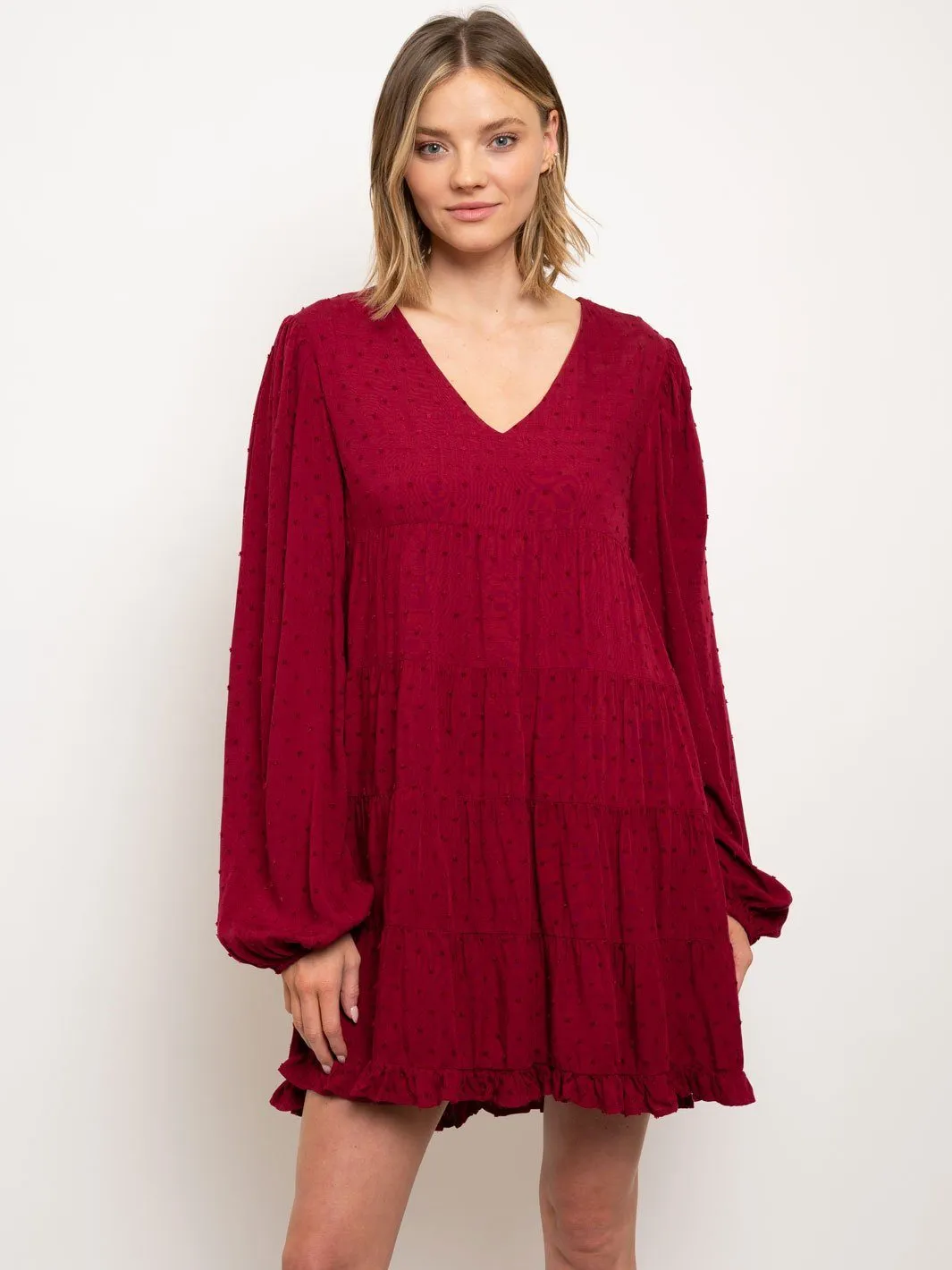 WOMEN'S V-NECK TUNIC SWISS DOTS MINI DRESS
