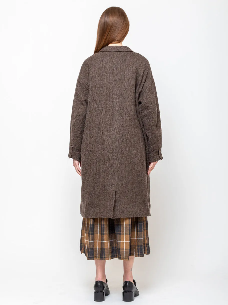 Wool Herringbone Coat - Brown