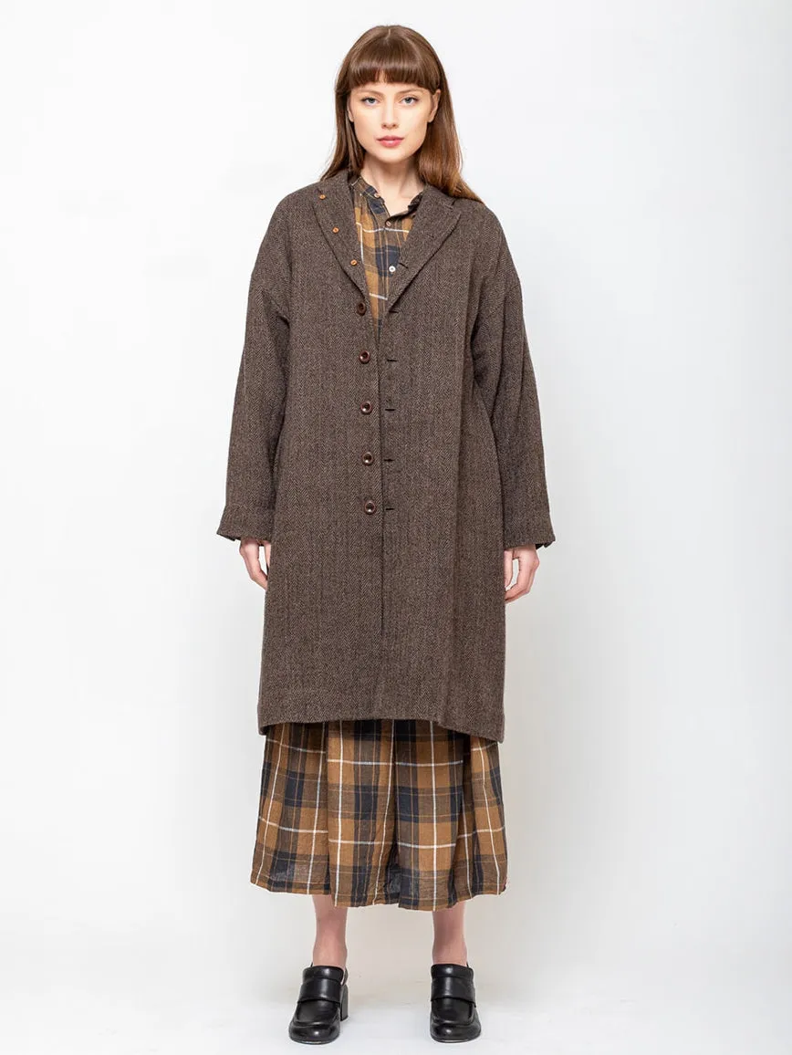 Wool Herringbone Coat - Brown