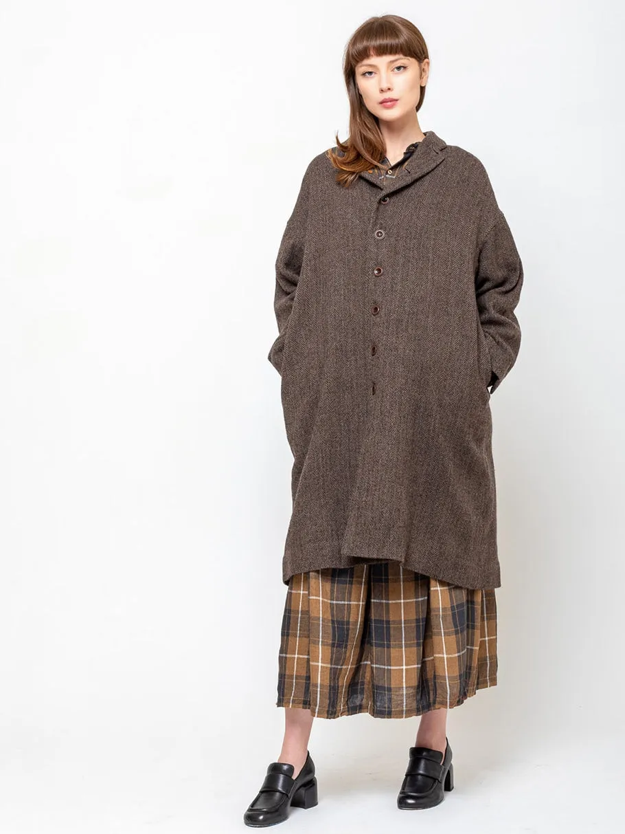 Wool Herringbone Coat - Brown