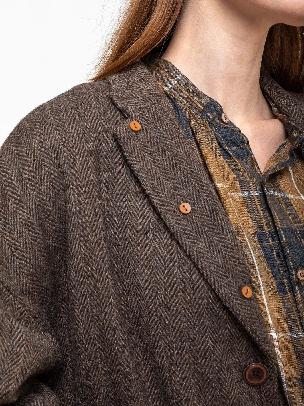 Wool Herringbone Coat - Brown