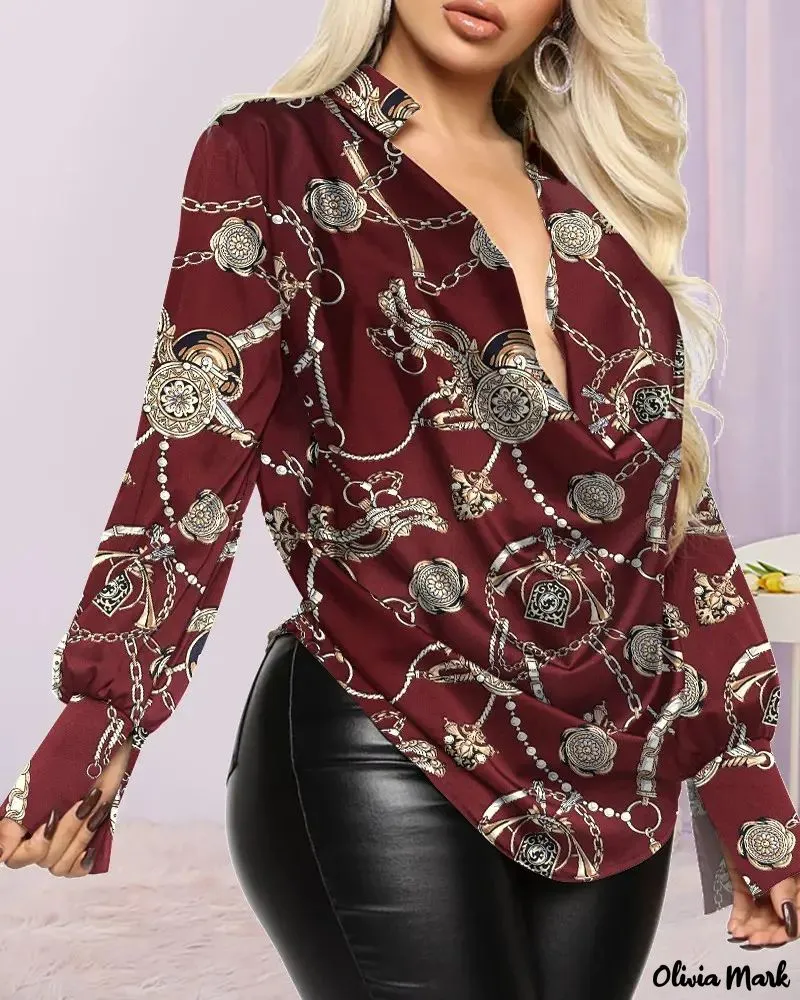 Xieyinshe - Baroque Print Cowl Neck Long Sleeve Top