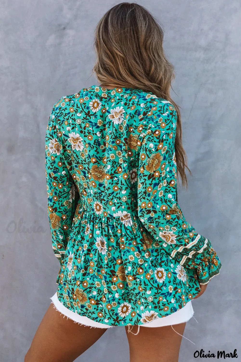 Xieyinshe - Bohemian green blouse with floral print and peplum with long sleeves