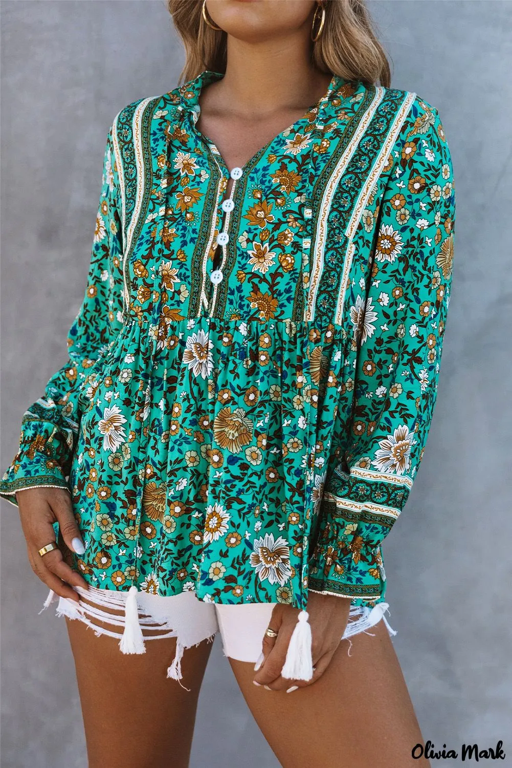 Xieyinshe - Bohemian green blouse with floral print and peplum with long sleeves
