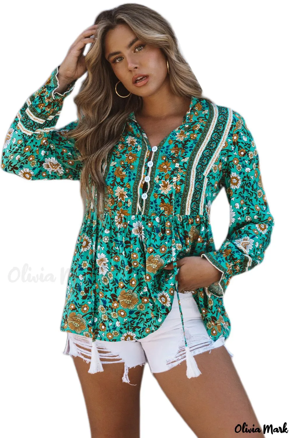 Xieyinshe - Bohemian green blouse with floral print and peplum with long sleeves