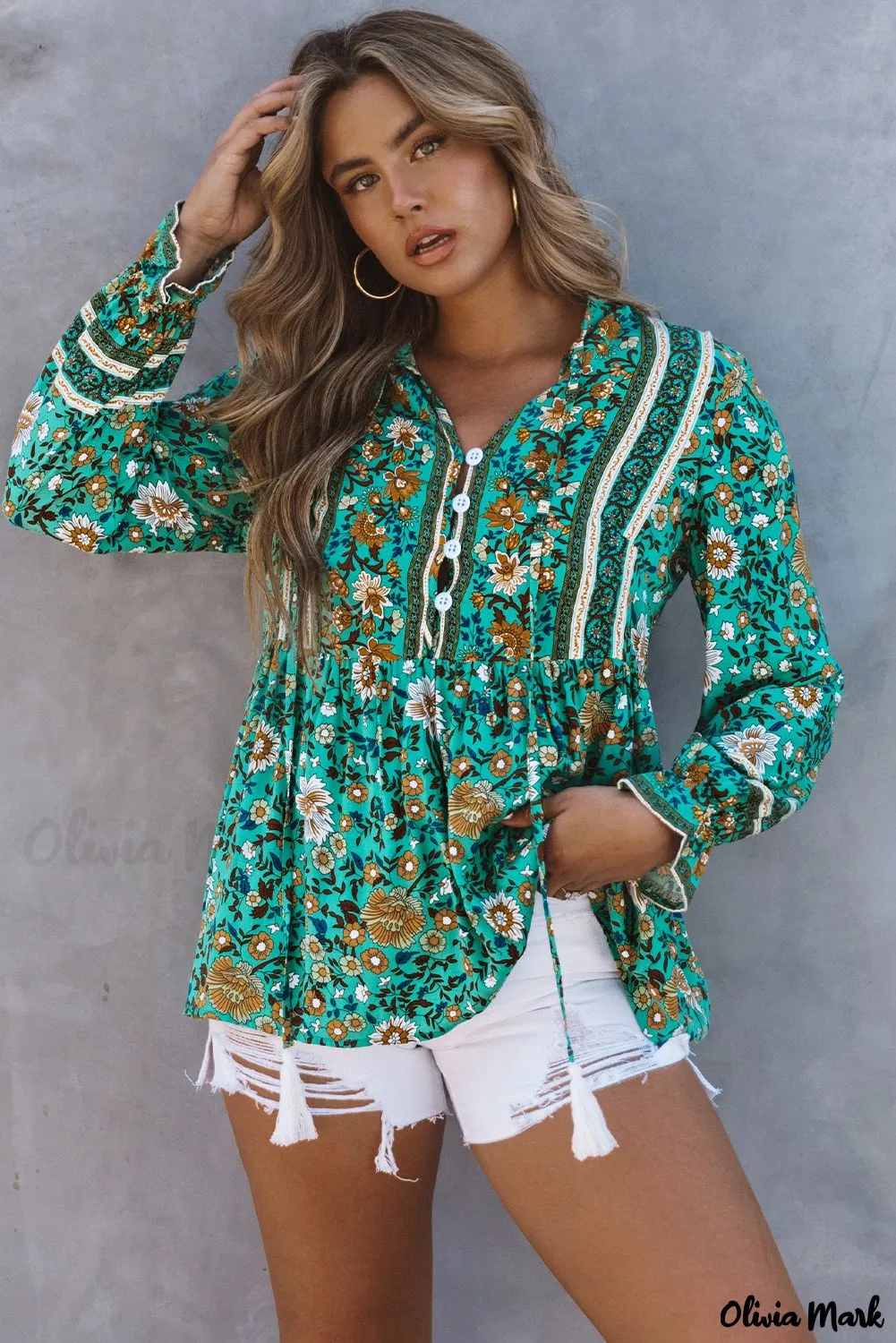 Xieyinshe - Bohemian green blouse with floral print and peplum with long sleeves