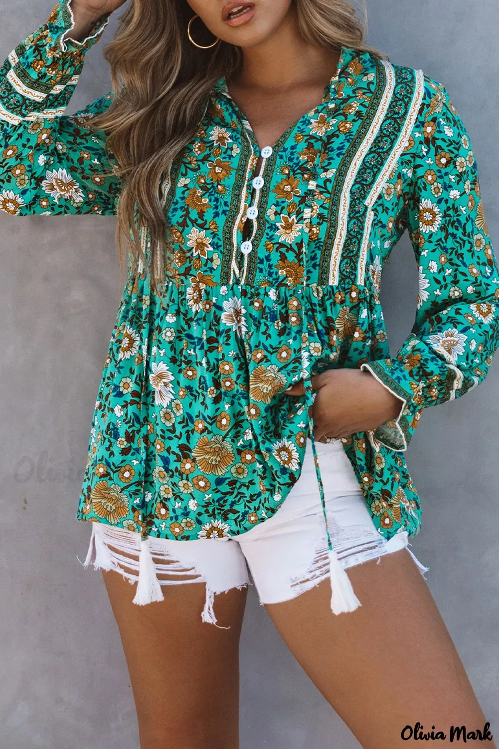 Xieyinshe - Bohemian green blouse with floral print and peplum with long sleeves