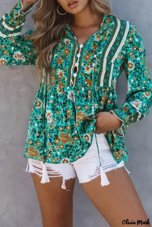 Xieyinshe - Bohemian green blouse with floral print and peplum with long sleeves