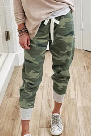 Xieyinshe Casual Camouflage Print Draw String Capris Patchwork Bottoms(3 Colors)