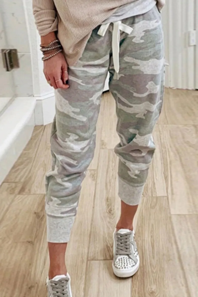 Xieyinshe Casual Camouflage Print Draw String Capris Patchwork Bottoms(3 Colors)