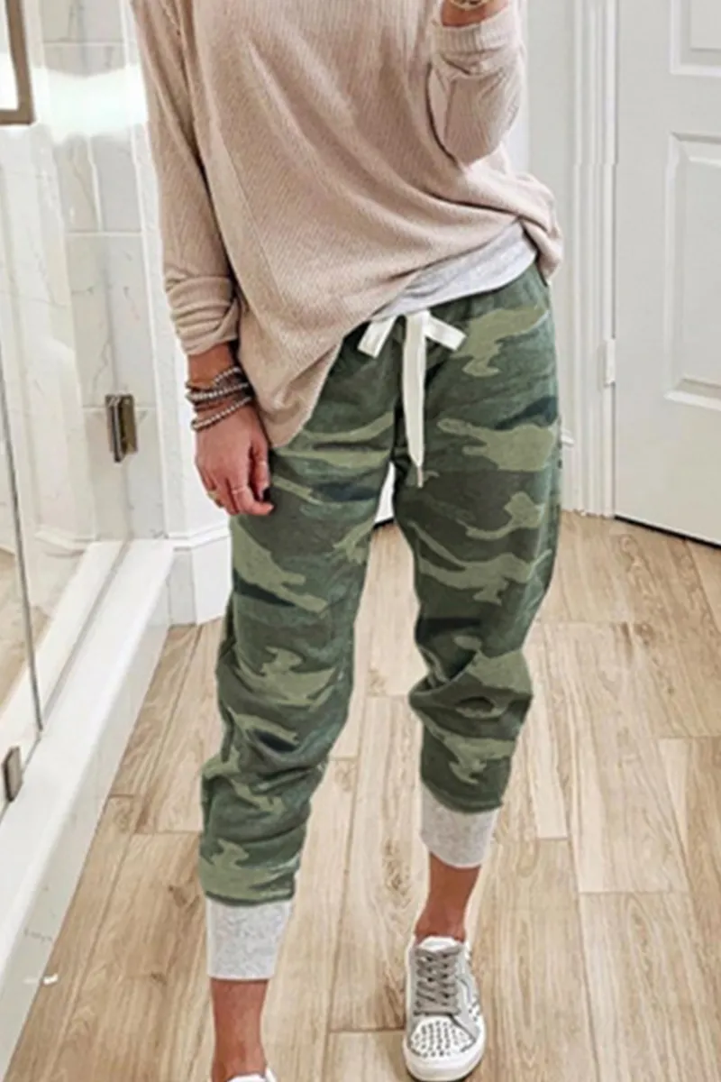 Xieyinshe Casual Camouflage Print Draw String Capris Patchwork Bottoms(3 Colors)
