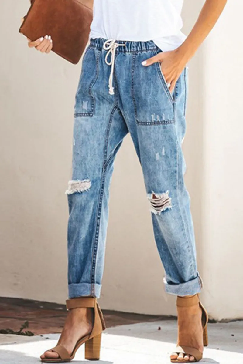 Xieyinshe Casual Solid Ripped Capris Straight Solid Color Bottoms