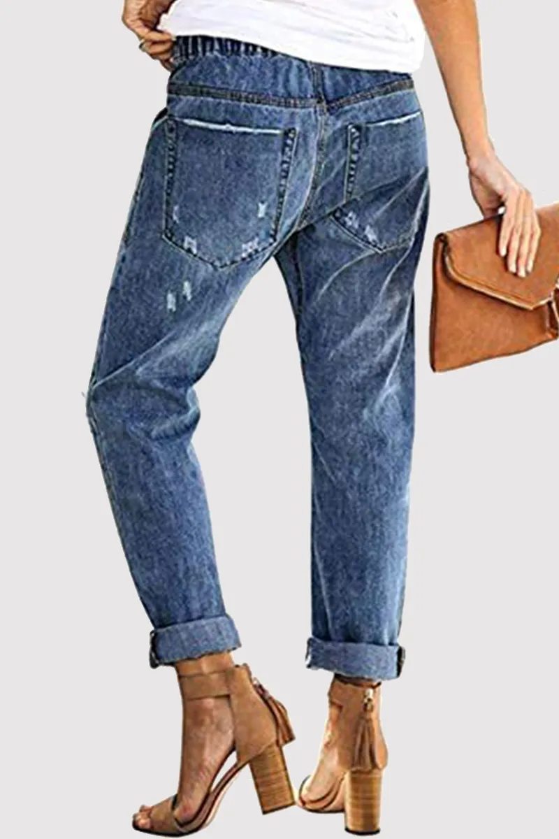 Xieyinshe Casual Solid Ripped Capris Straight Solid Color Bottoms