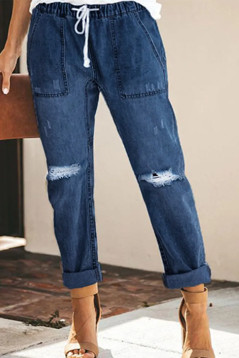 Xieyinshe Casual Solid Ripped Capris Straight Solid Color Bottoms