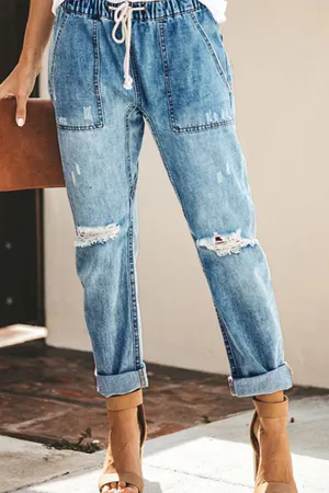 Xieyinshe Casual Solid Ripped Capris Straight Solid Color Bottoms