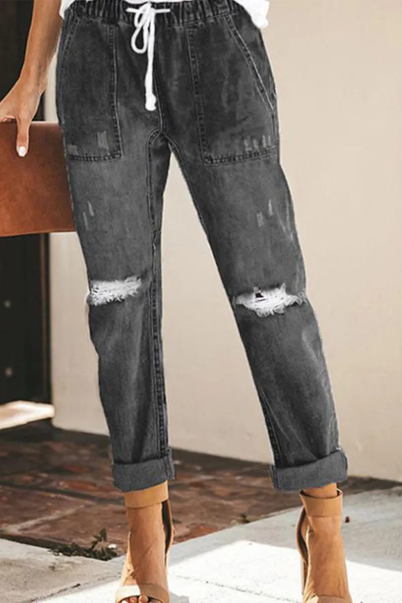 Xieyinshe Casual Solid Ripped Capris Straight Solid Color Bottoms