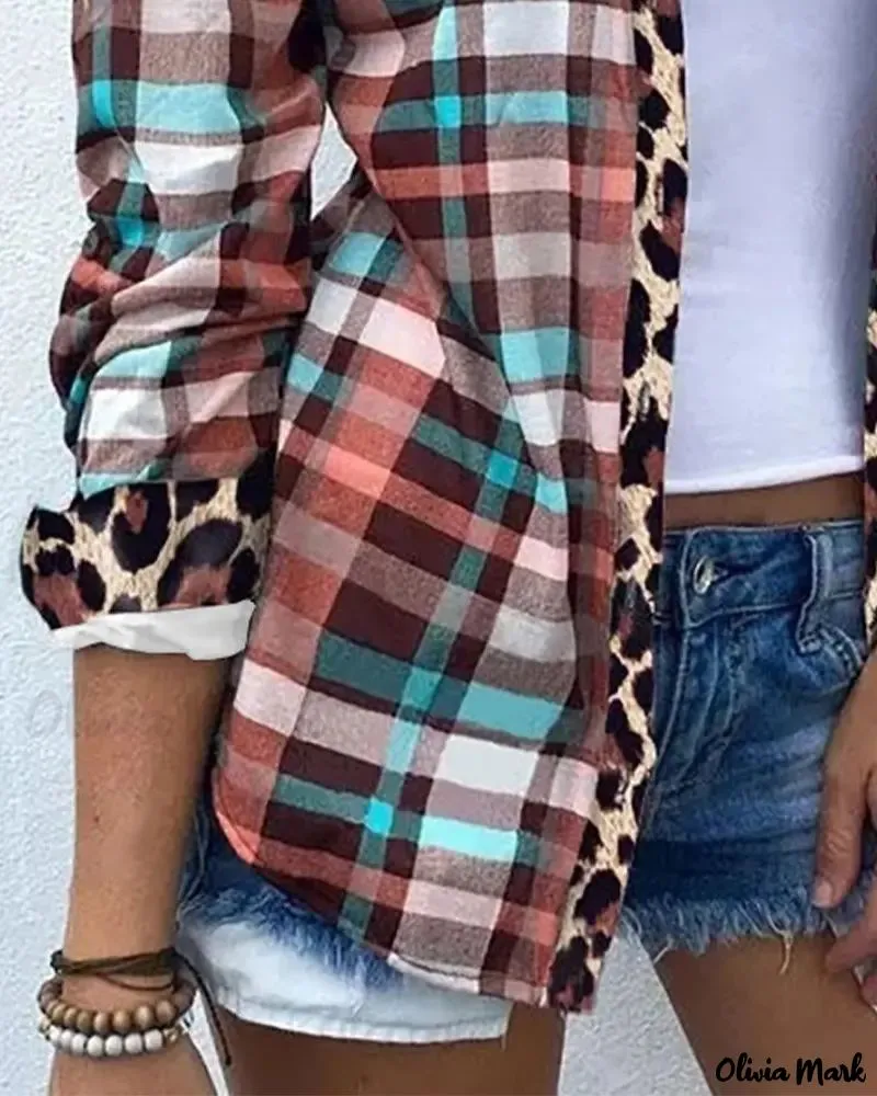 Xieyinshe - Checked Leopard Print Long Sleeve Shirt