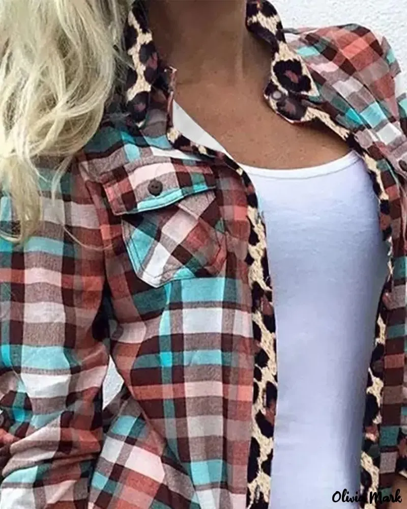 Xieyinshe - Checked Leopard Print Long Sleeve Shirt