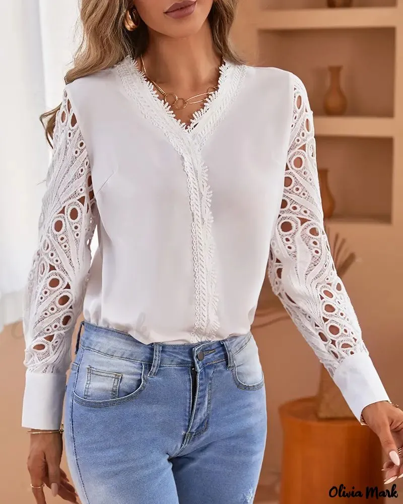 Xieyinshe - Contrast Lace Long Sleeve Top