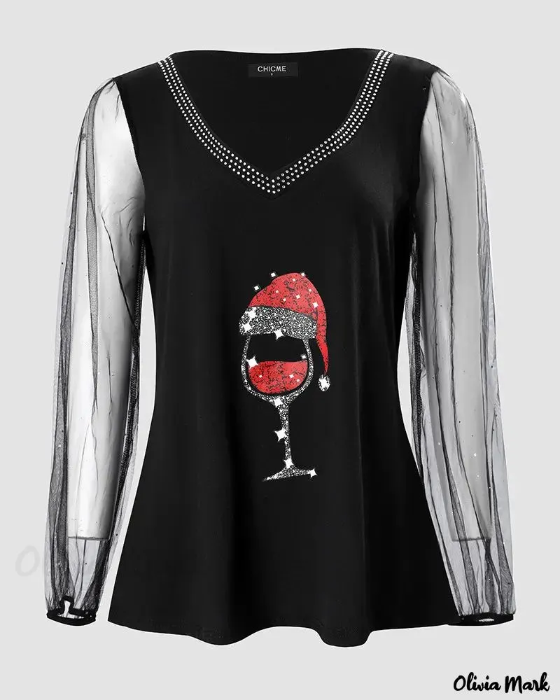 Xieyinshe - Contrast Tulle Long Sleeve Christmas Top with Wine Glass