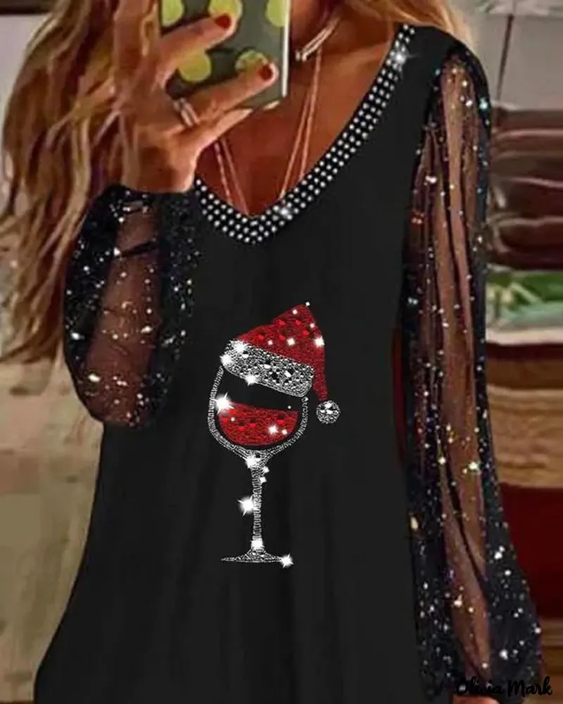 Xieyinshe - Contrast Tulle Long Sleeve Christmas Top with Wine Glass
