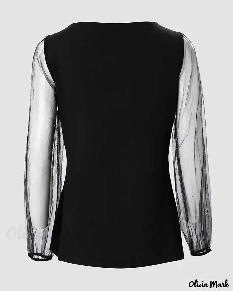 Xieyinshe - Contrast Tulle Long Sleeve Christmas Top with Wine Glass