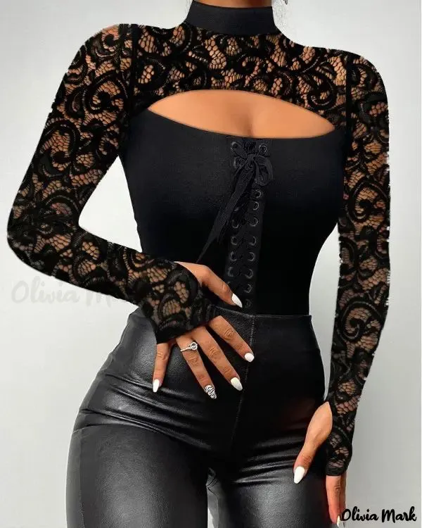 Xieyinshe - Eyelet Lace-Up Contrast Lace Long Sleeve Top