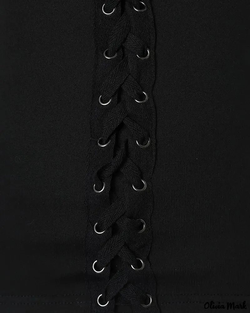 Xieyinshe - Eyelet Lace-Up Contrast Lace Long Sleeve Top